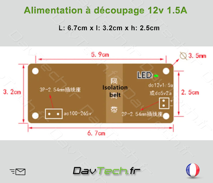 Carte Module Alimentation à découpage AC - DC12v 1.5A 6.7x3.2x2.5cm XPJ-01C