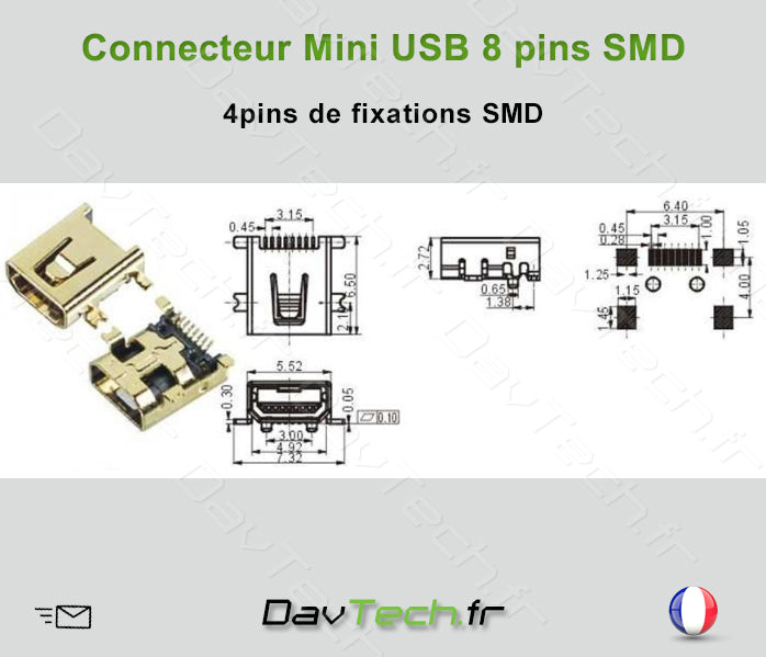 Connecteur Mini USB 8 pins SMD, Montage Standard, 4 fixations SMD