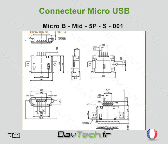 Connecteur Micro USB Drop-in 5 pins fixations CMS/SMT