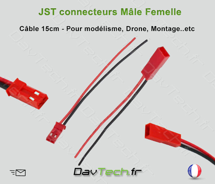 Connecteur JST male + femelle avec fils/ Male + Female JST connector with cable
