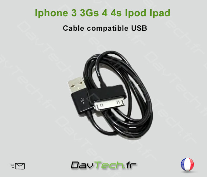 Cable USB Noir pour iPhone 3 / 3GS / 4 / 4S / iPod & iPad