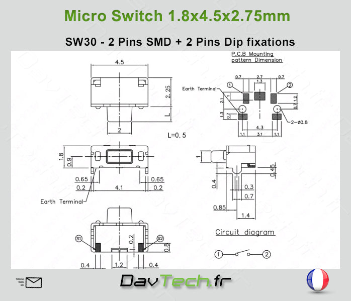 Micro switch 1.8x4.5x2.75mm 5 pins buton poussoir push
