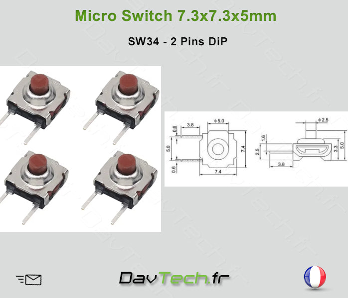 Micro switch 7.3x7.3x5mm 2 pins DiP buton poussoir push