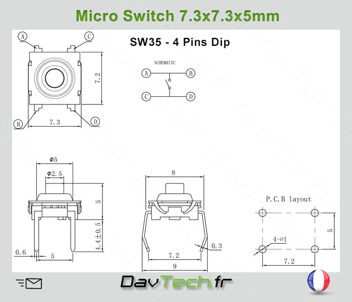 Micro switch 7.3x7.3x5mm 4 pins DiP buton poussoir push