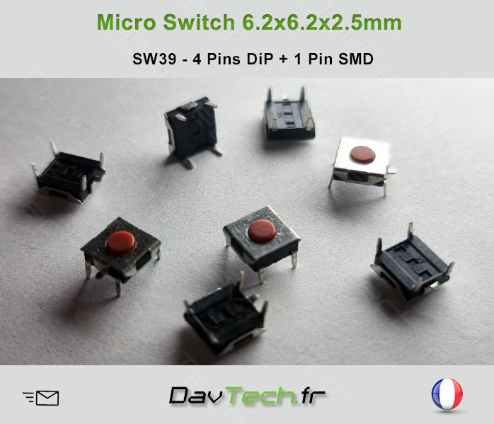 Micro switch 6.2x6.2x2.5mm 4 pins DiP + 1 SMD buton poussoir push