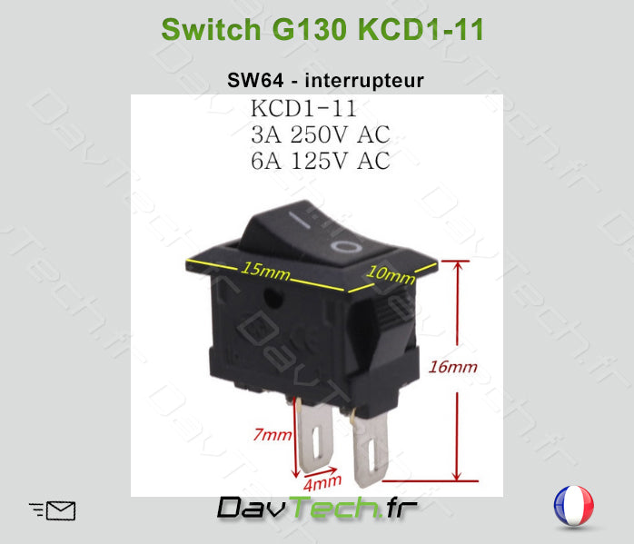 Interrupteur de panneau Switch G130 KCD1-11 2 pins 10x15mm SPST 3A/250v