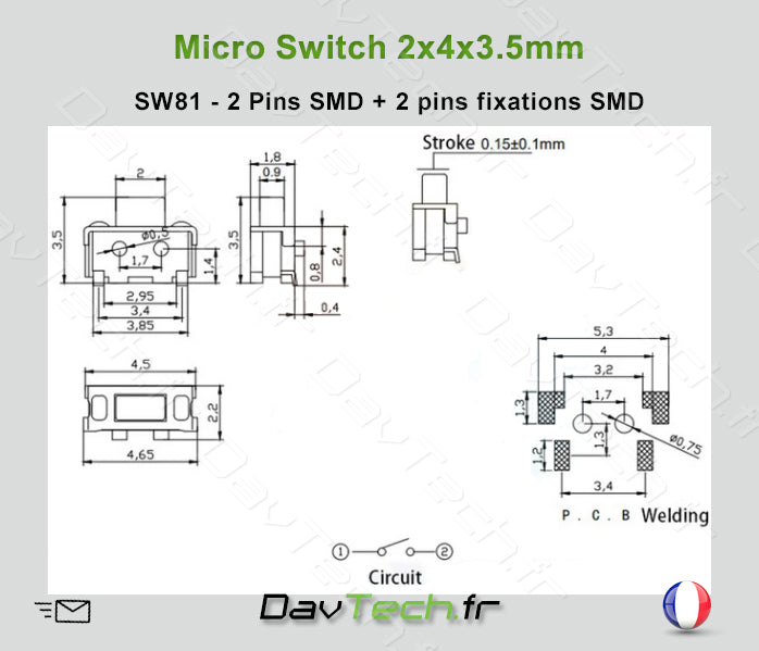 Micro switch 2x4x3.5mm 4 pins SMD bouton poussoir push button interrupteur
