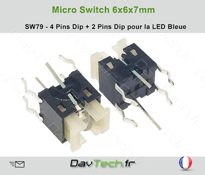 Micro switch 6x6x7mm 4 pins DiP buton poussoir push avec LED Bleue