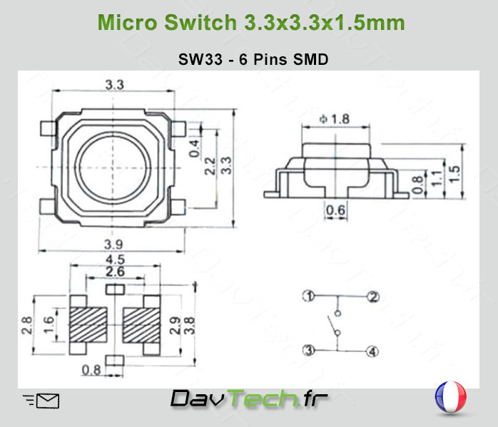 Micro switch 3x3x1.5mm 5 pins SMD buton poussoir push