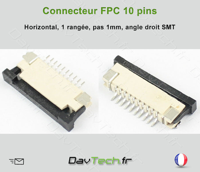 Connecteur FPC 10 Pins, horizontal, pas de 1mm SMD angle droit