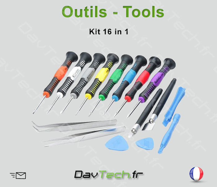 Kit outils 16 en 1 avec tournevis pour réparation iPhone, Samsung, iPad