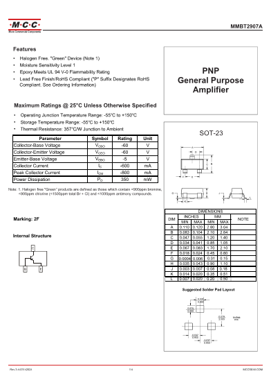 2F SMD transistor MMBT2907 / MMBT2907A / MMBT2907ALT1G SOT-23 PNP