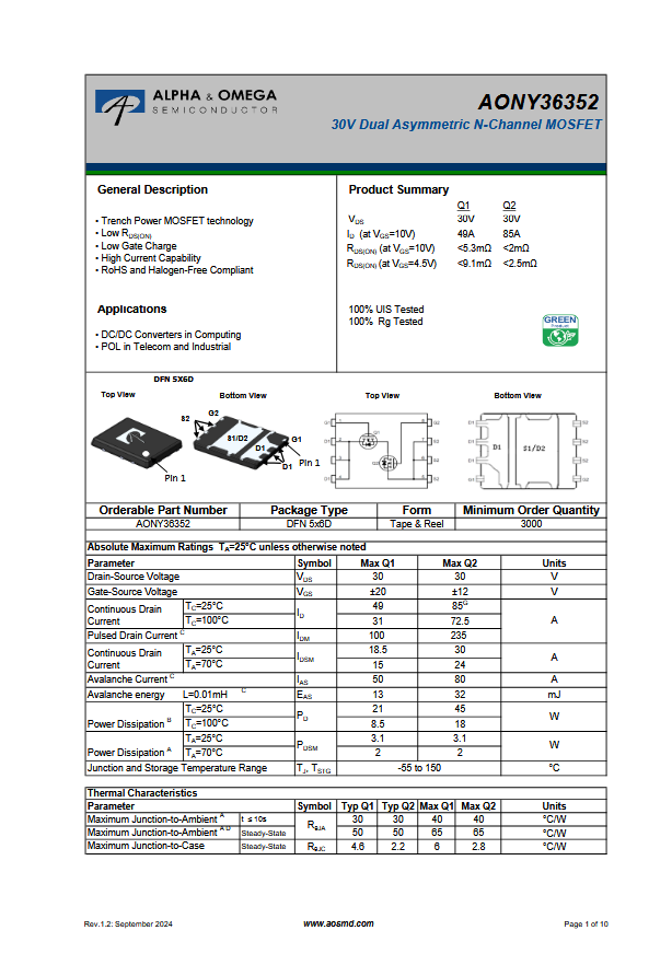 AONY36352 Transistor: N-MOSFET x2 unipolaire 30V 31/72,5A 8,5/18W ALPHA & OME