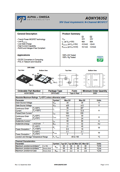 AONY36352 Transistor: N-MOSFET x2 unipolaire 30V 31/72,5A 8,5/18W ALPHA & OME