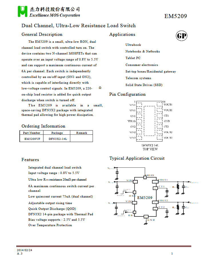 EM5209 Dual Channel, Ultra-Low Resistance Load Switch N-MOSFET