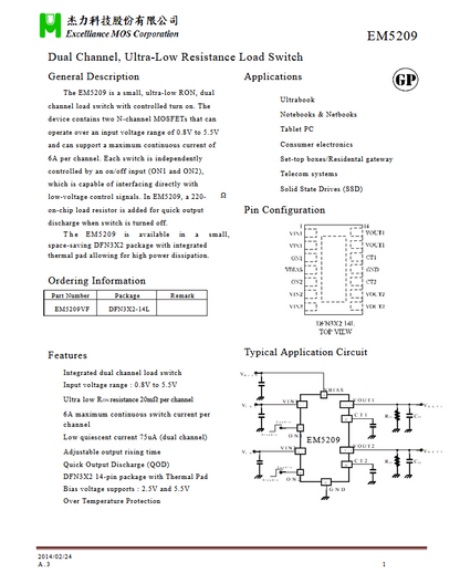 EM5209 Dual Channel, Ultra-Low Resistance Load Switch N-MOSFET