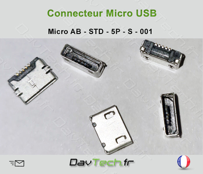 Connecteur Micro USB AB STANDARD (bottom) 5 pins fixations CMS