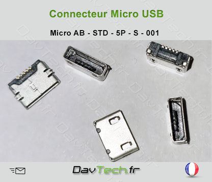 Connecteur Micro USB AB STANDARD (bottom) 5 pins fixations CMS