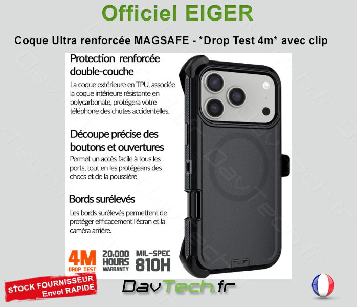 COQUE ULTRA RENFORCÉE MAGSAFE *DROP TEST 4M* AVEC CLIP CEINTURE SECURISÉ POUR APPLE IPHONE 17 PRO MAX - EIGER