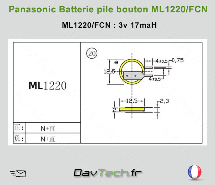 Pile bouton BIOS à souder ML1220 3V Pins