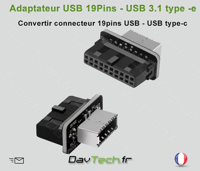 Adaptateur USB 19 Pins carte mère USB 3.1 Type -e pour connecteur Type-c