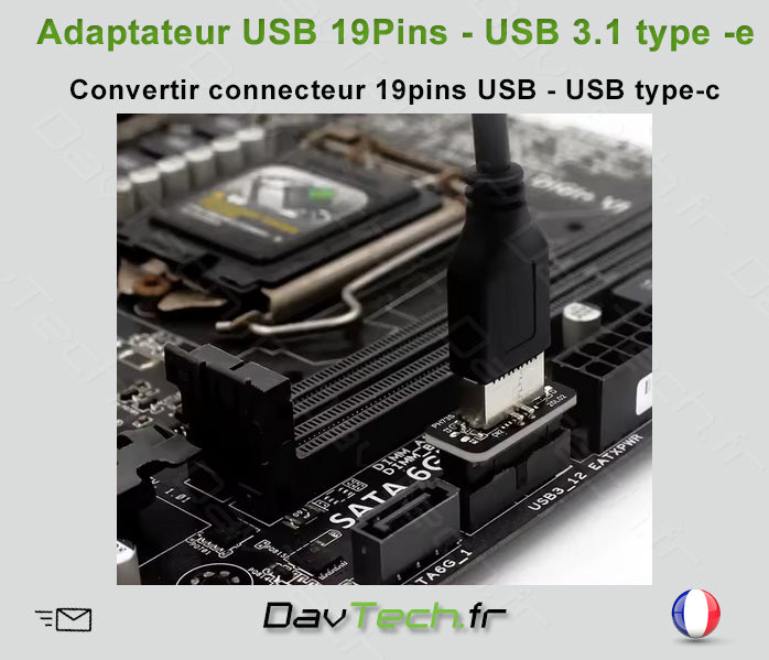 Adaptateur USB 19 Pins carte mère USB 3.1 Type -e pour connecteur Type-c