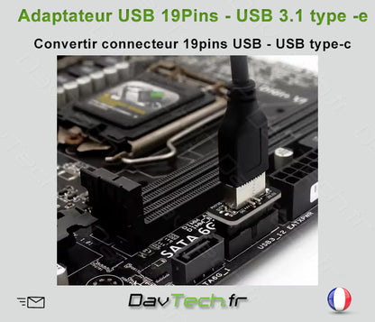 Adaptateur USB 19 Pins carte mère USB 3.1 Type -e pour connecteur Type-c