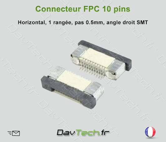 Connecteur FPC 10 Pins, horizontal, pas de 0.5mm SMD angle droit