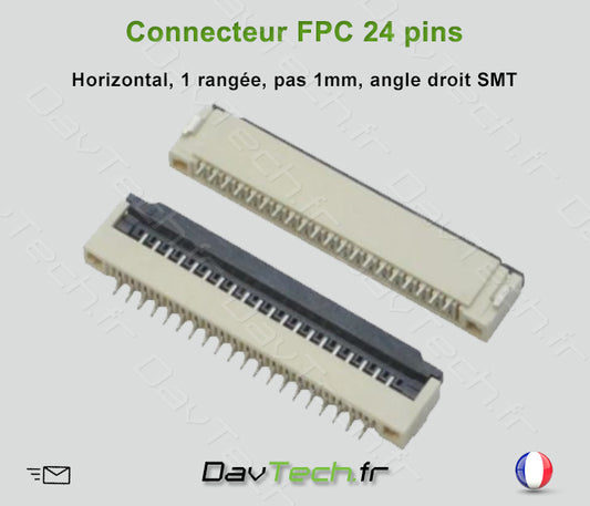 Connecteur FPC 24 Pins, horizontal, pas de 1mm SMD angle droit