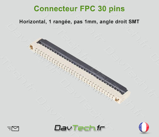Connecteur FPC 30 Pins, horizontal, pas de 1mm SMD angle droit