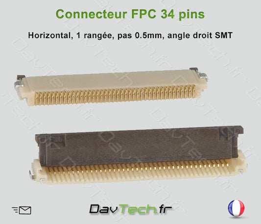 Connecteur FPC 34 Pins, horizontal, pas de 0.5mm SMD angle droit